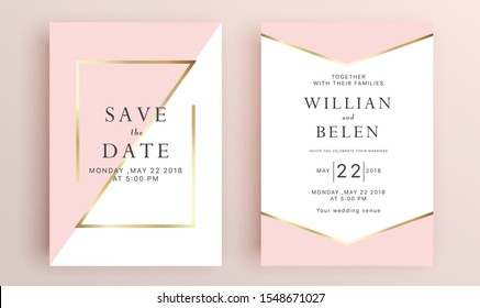 Beautiful set of wedding card templates. Gold collection of geometrical polyhedron, art deco style for wedding invitation, luxury templates, decorative patterns.