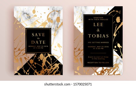Beautiful set of wedding card templates. Gold collection of geometrical polyhedron, art deco style for wedding invitation, luxury templates, decorative patterns.
