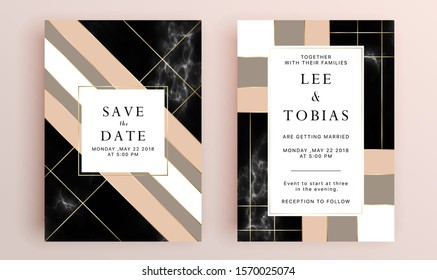 Beautiful set of wedding card templates. Gold collection of geometrical polyhedron, art deco style for wedding invitation, luxury templates, decorative patterns.