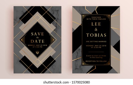 Beautiful set of wedding card templates. Gold collection of geometrical polyhedron, art deco style for wedding invitation, luxury templates, decorative patterns.