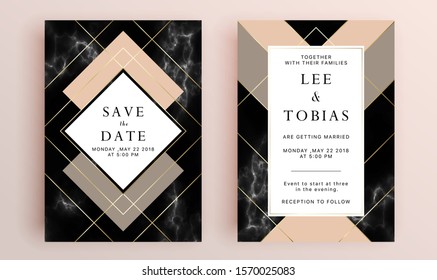 Beautiful set of wedding card templates. Gold collection of geometrical polyhedron, art deco style for wedding invitation, luxury templates, decorative patterns.