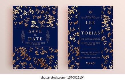 Beautiful set of wedding card templates. Gold collection of geometrical polyhedron, art deco style for wedding invitation, luxury templates, decorative patterns.