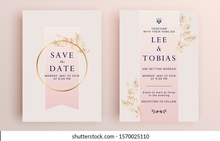 Beautiful set of wedding card templates. Gold collection of geometrical polyhedron, art deco style for wedding invitation, luxury templates, decorative patterns.
