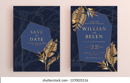 Beautiful set of wedding card templates. Gold collection of geometrical polyhedron, art deco style for wedding invitation, luxury templates, decorative patterns.