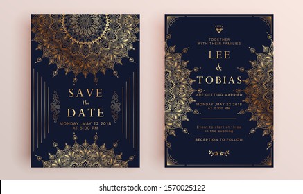 Beautiful set of wedding card templates. Gold collection of geometrical polyhedron, art deco style for wedding invitation, luxury templates, decorative patterns.