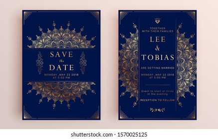 Beautiful set of wedding card templates. Gold collection of geometrical polyhedron, art deco style for wedding invitation, luxury templates, decorative patterns.