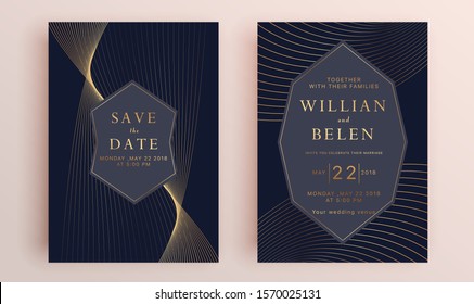 Beautiful set of wedding card templates. Gold collection of geometrical polyhedron, art deco style for wedding invitation, luxury templates, decorative patterns.