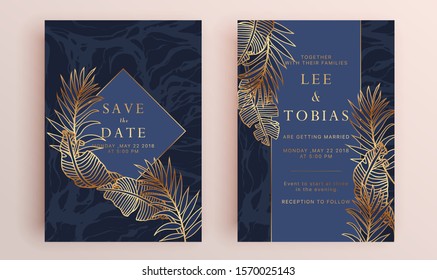 Beautiful set of wedding card templates. Gold collection of geometrical polyhedron, art deco style for wedding invitation, luxury templates, decorative patterns.