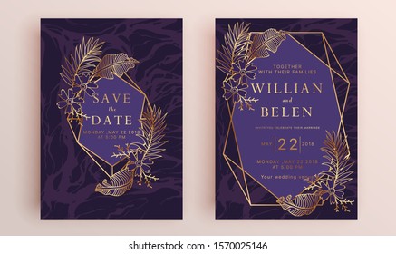 Beautiful set of wedding card templates. Gold collection of geometrical polyhedron, art deco style for wedding invitation, luxury templates, decorative patterns.