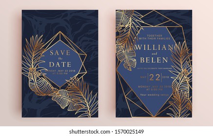 Beautiful set of wedding card templates. Gold collection of geometrical polyhedron, art deco style for wedding invitation, luxury templates, decorative patterns.