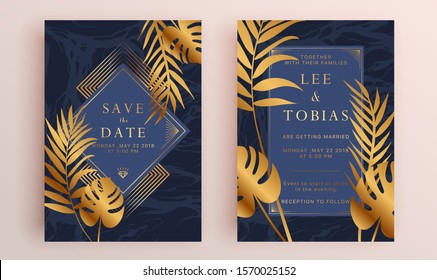 Beautiful set of wedding card templates. Gold collection of geometrical polyhedron, art deco style for wedding invitation, luxury templates, decorative patterns.