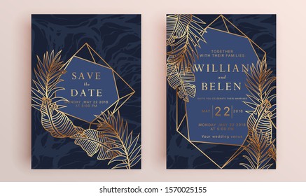 Beautiful set of wedding card templates. Gold collection of geometrical polyhedron, art deco style for wedding invitation, luxury templates, decorative patterns.