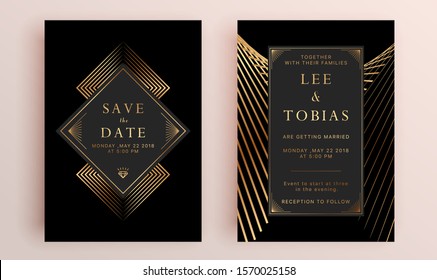Beautiful set of wedding card templates. Gold collection of geometrical polyhedron, art deco style for wedding invitation, luxury templates, decorative patterns.