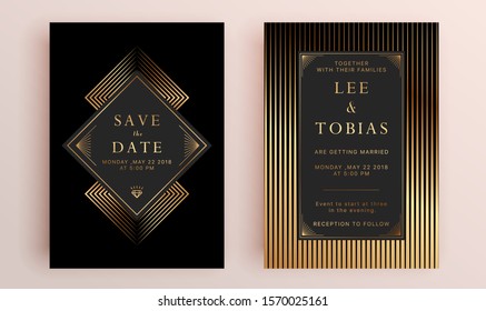 Beautiful set of wedding card templates. Gold collection of geometrical polyhedron, art deco style for wedding invitation, luxury templates, decorative patterns.