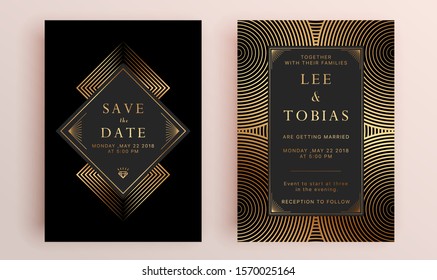 Beautiful set of wedding card templates. Gold collection of geometrical polyhedron, art deco style for wedding invitation, luxury templates, decorative patterns.