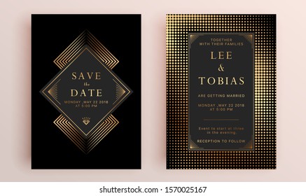 Beautiful set of wedding card templates. Gold collection of geometrical polyhedron, art deco style for wedding invitation, luxury templates, decorative patterns.