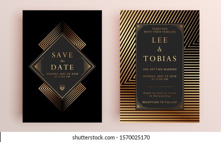 Beautiful set of wedding card templates. Gold collection of geometrical polyhedron, art deco style for wedding invitation, luxury templates, decorative patterns.