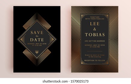 Beautiful set of wedding card templates. Gold collection of geometrical polyhedron, art deco style for wedding invitation, luxury templates, decorative patterns.