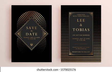 Beautiful set of wedding card templates. Gold collection of geometrical polyhedron, art deco style for wedding invitation, luxury templates, decorative patterns.