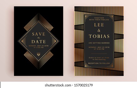 Beautiful set of wedding card templates. Gold collection of geometrical polyhedron, art deco style for wedding invitation, luxury templates, decorative patterns.