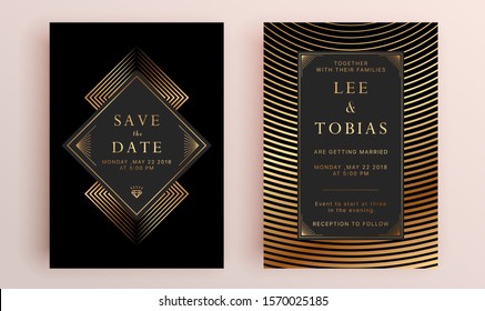 Beautiful set of wedding card templates. Gold collection of geometrical polyhedron, art deco style for wedding invitation, luxury templates, decorative patterns.