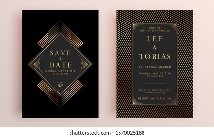 Beautiful set of wedding card templates. Gold collection of geometrical polyhedron, art deco style for wedding invitation, luxury templates, decorative patterns.