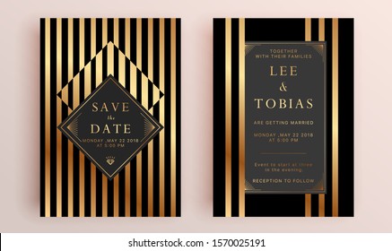 Beautiful set of wedding card templates. Gold collection of geometrical polyhedron, art deco style for wedding invitation, luxury templates, decorative patterns.