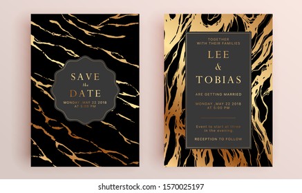 Beautiful set of wedding card templates. Gold collection of geometrical polyhedron, art deco style for wedding invitation, luxury templates, decorative patterns.