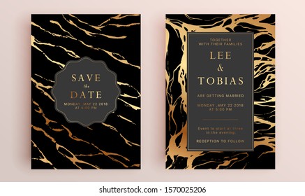 Beautiful set of wedding card templates. Gold collection of geometrical polyhedron, art deco style for wedding invitation, luxury templates, decorative patterns.