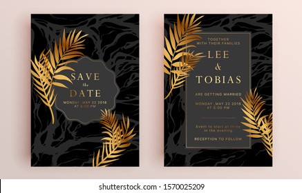 Beautiful set of wedding card templates. Gold collection of geometrical polyhedron, art deco style for wedding invitation, luxury templates, decorative patterns.