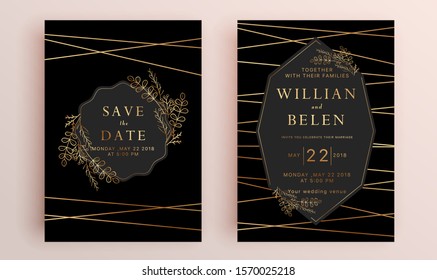 Beautiful set of wedding card templates. Gold collection of geometrical polyhedron, art deco style for wedding invitation, luxury templates, decorative patterns.