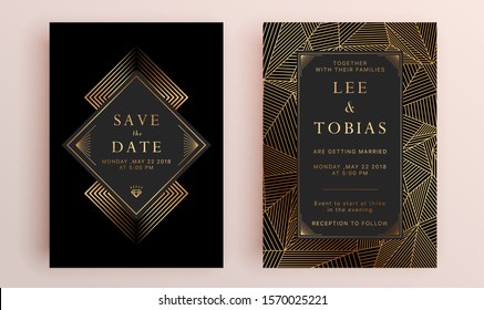 Beautiful set of wedding card templates. Gold collection of geometrical polyhedron, art deco style for wedding invitation, luxury templates, decorative patterns.