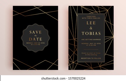 Beautiful set of wedding card templates. Gold collection of geometrical polyhedron, art deco style for wedding invitation, luxury templates, decorative patterns.