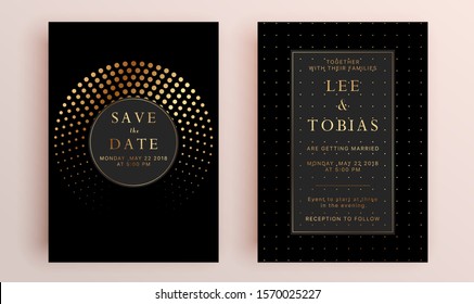 Beautiful set of wedding card templates. Gold collection of geometrical polyhedron, art deco style for wedding invitation, luxury templates, decorative patterns.