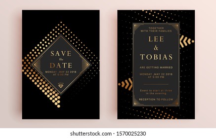 Beautiful set of wedding card templates. Gold collection of geometrical polyhedron, art deco style for wedding invitation, luxury templates, decorative patterns.