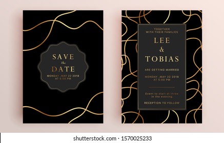 Beautiful set of wedding card templates. Gold collection of geometrical polyhedron, art deco style for wedding invitation, luxury templates, decorative patterns.