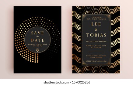 Beautiful set of wedding card templates. Gold collection of geometrical polyhedron, art deco style for wedding invitation, luxury templates, decorative patterns.