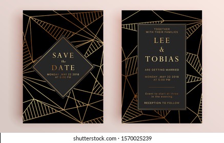 Beautiful set of wedding card templates. Gold collection of geometrical polyhedron, art deco style for wedding invitation, luxury templates, decorative patterns.