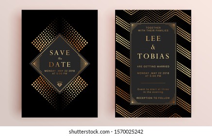 Beautiful set of wedding card templates. Gold collection of geometrical polyhedron, art deco style for wedding invitation, luxury templates, decorative patterns.