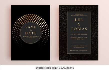 Beautiful set of wedding card templates. Gold collection of geometrical polyhedron, art deco style for wedding invitation, luxury templates, decorative patterns.