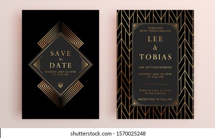 Beautiful set of wedding card templates. Gold collection of geometrical polyhedron, art deco style for wedding invitation, luxury templates, decorative patterns.