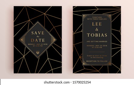 Beautiful set of wedding card templates. Gold collection of geometrical polyhedron, art deco style for wedding invitation, luxury templates, decorative patterns.