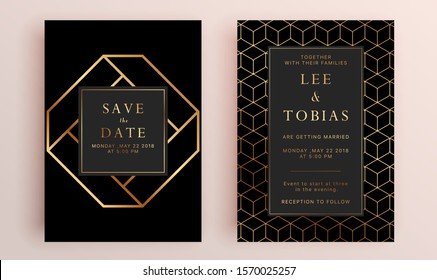 Beautiful set of wedding card templates. Gold collection of geometrical polyhedron, art deco style for wedding invitation, luxury templates, decorative patterns.