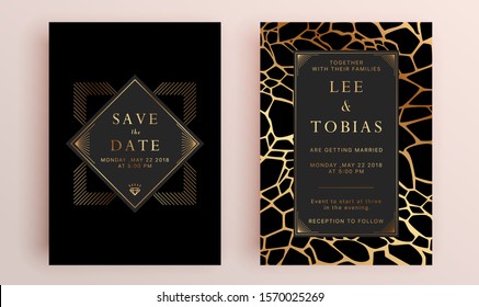 Beautiful set of wedding card templates. Gold collection of geometrical polyhedron, art deco style for wedding invitation, luxury templates, decorative patterns.