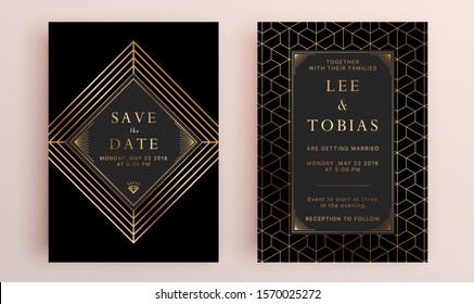 Beautiful set of wedding card templates. Gold collection of geometrical polyhedron, art deco style for wedding invitation, luxury templates, decorative patterns.