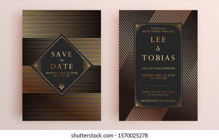 Beautiful set of wedding card templates. Gold collection of geometrical polyhedron, art deco style for wedding invitation, luxury templates, decorative patterns.