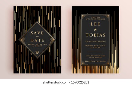 Beautiful set of wedding card templates. Gold collection of geometrical polyhedron, art deco style for wedding invitation, luxury templates, decorative patterns.