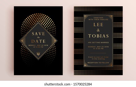 Beautiful set of wedding card templates. Gold collection of geometrical polyhedron, art deco style for wedding invitation, luxury templates, decorative patterns.