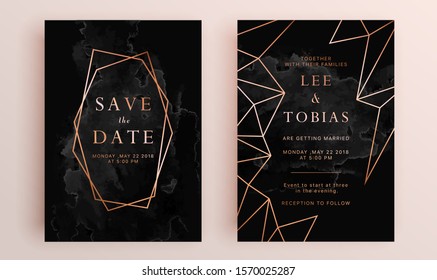 Beautiful set of wedding card templates. Gold collection of geometrical polyhedron, art deco style for wedding invitation, luxury templates, decorative patterns.