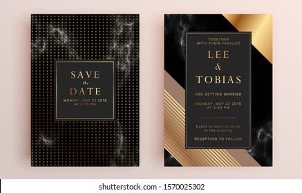 Beautiful set of wedding card templates. Gold collection of geometrical polyhedron, art deco style for wedding invitation, luxury templates, decorative patterns.